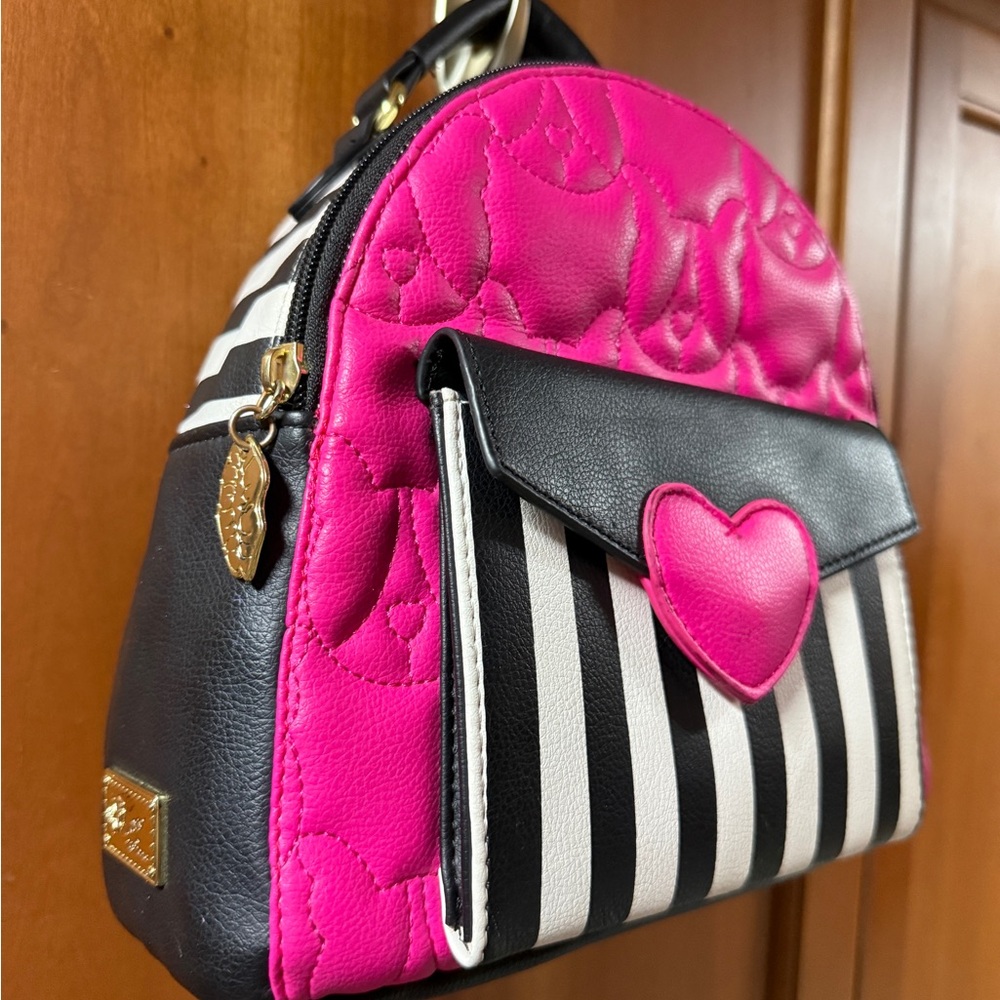 Betsy Johnson Quilted Pink French Bulldog Hearts & Black Stripes Backpack. NWOT